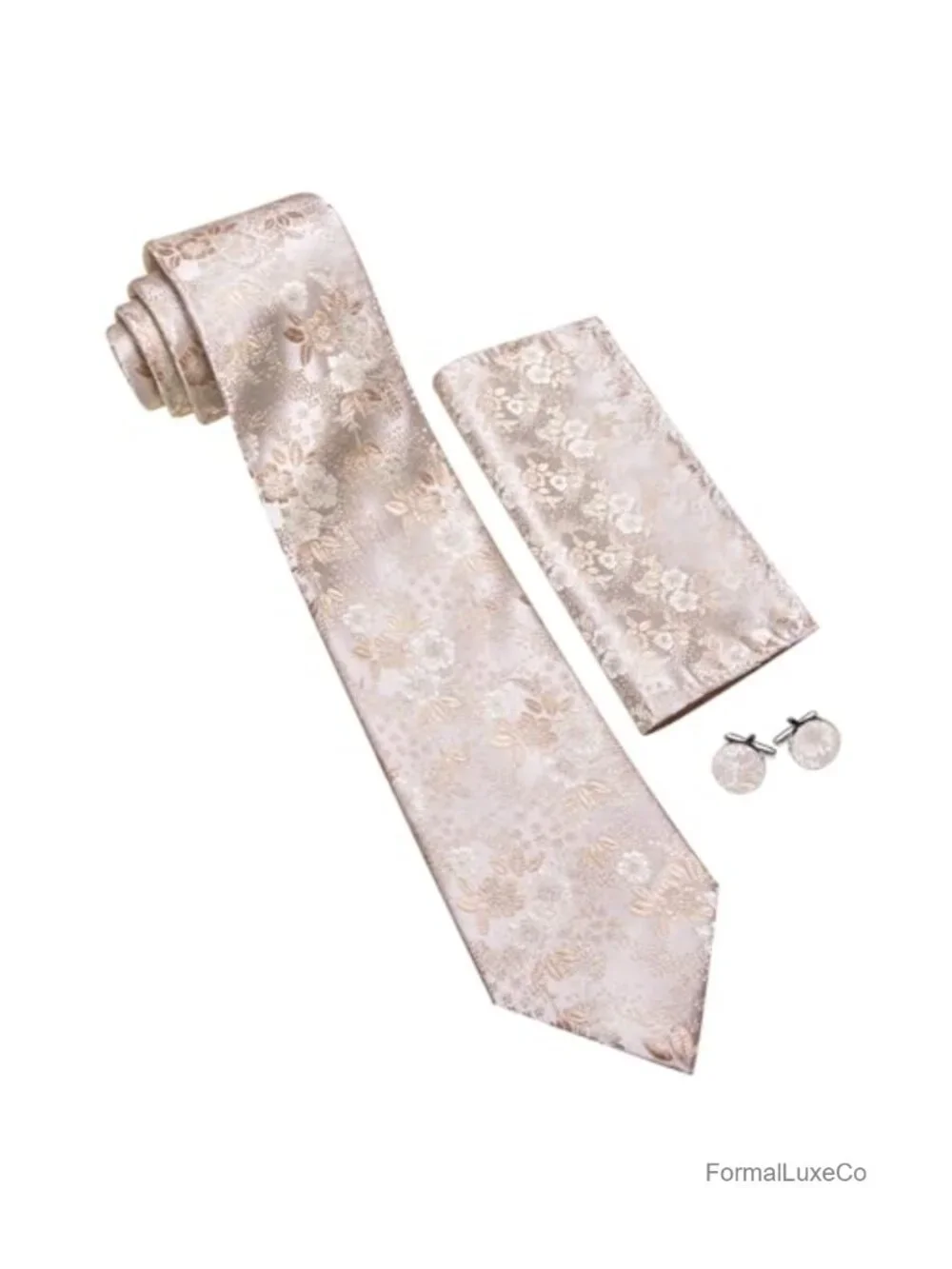 Silk Woven Floral Tie Set with Handkerchief Cufflinks for Men Wedding Party